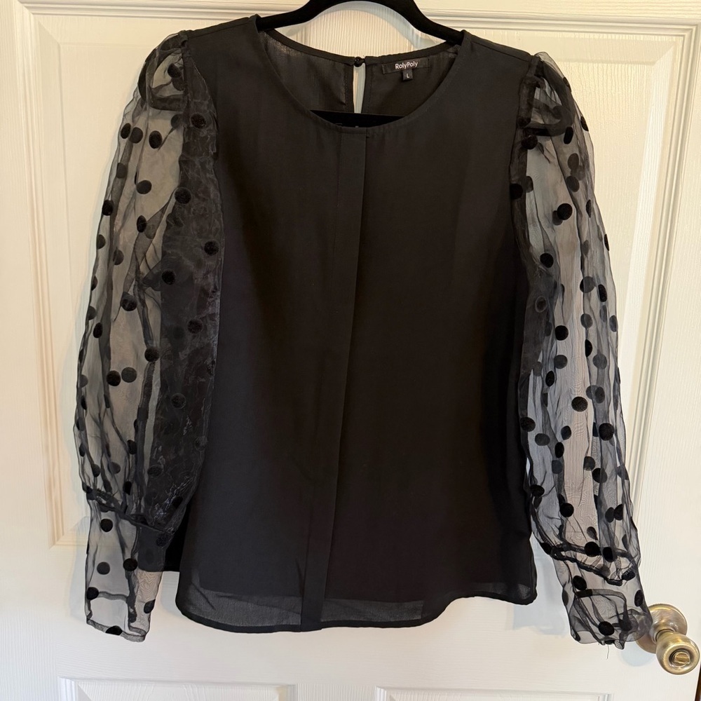 RolyPoly Petite Black Sheer Polka Dot Sleeve top blouse  L